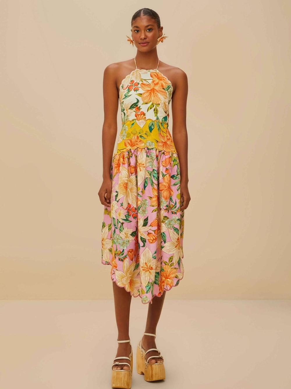 Floral Halter Midi Dress in Pink and Yellow